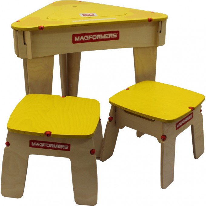 Стол MAGFORMERS треугольный желтый + два стульчика 62002